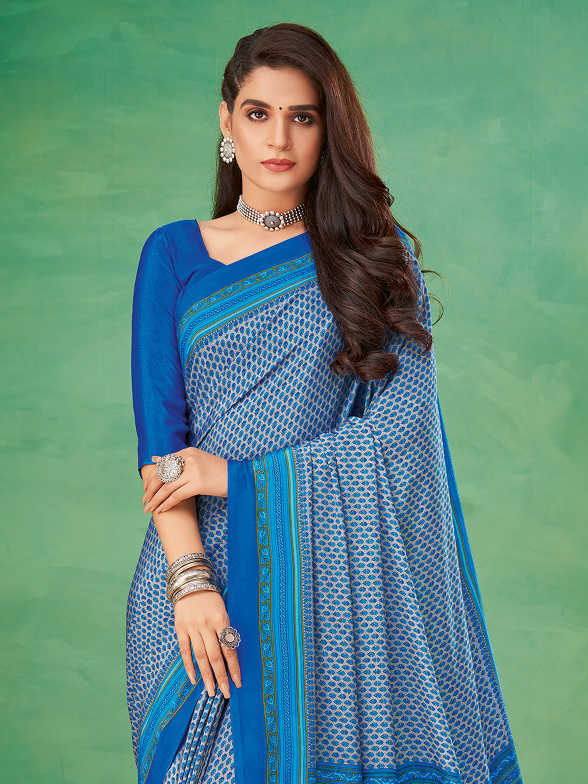 Bright blue crepe silk sophisticated printed saree for everyday fashion