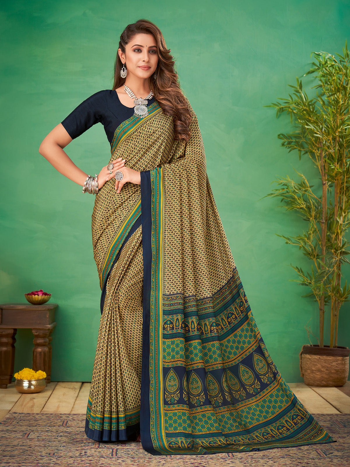 Cream and navy crepe silk elegant printed saree for casual wear