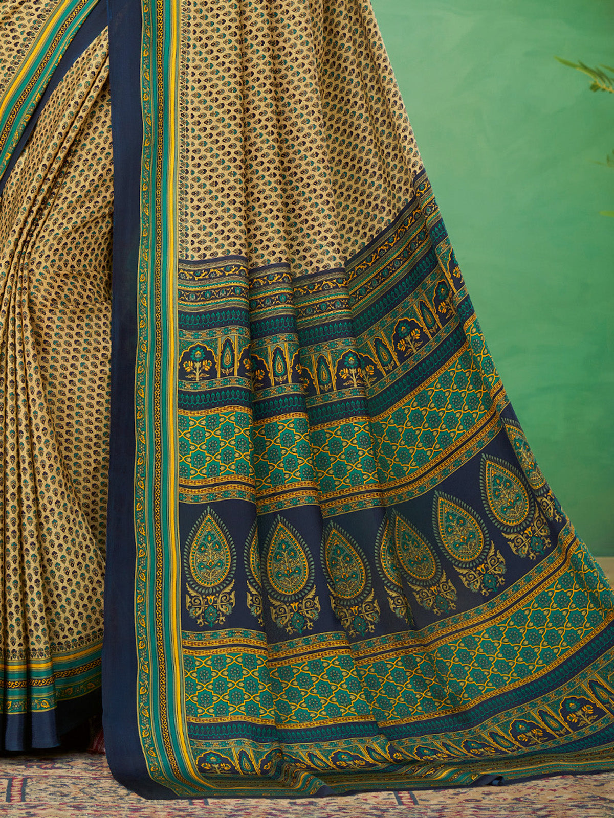 Cream and navy crepe silk elegant printed saree for casual wear