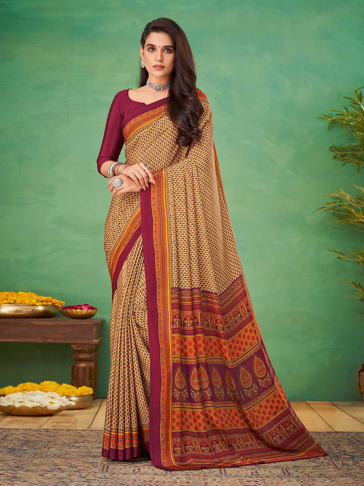 Cream and wine crepe silk beautiful printed saree for daily style