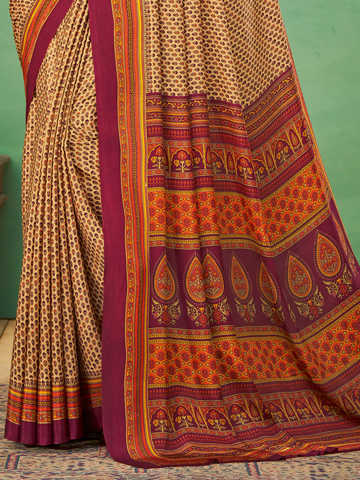 Cream and wine crepe silk beautiful printed saree for daily style
