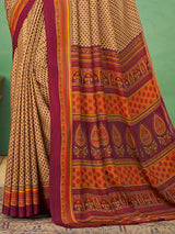 Cream and wine crepe silk beautiful printed saree for daily style