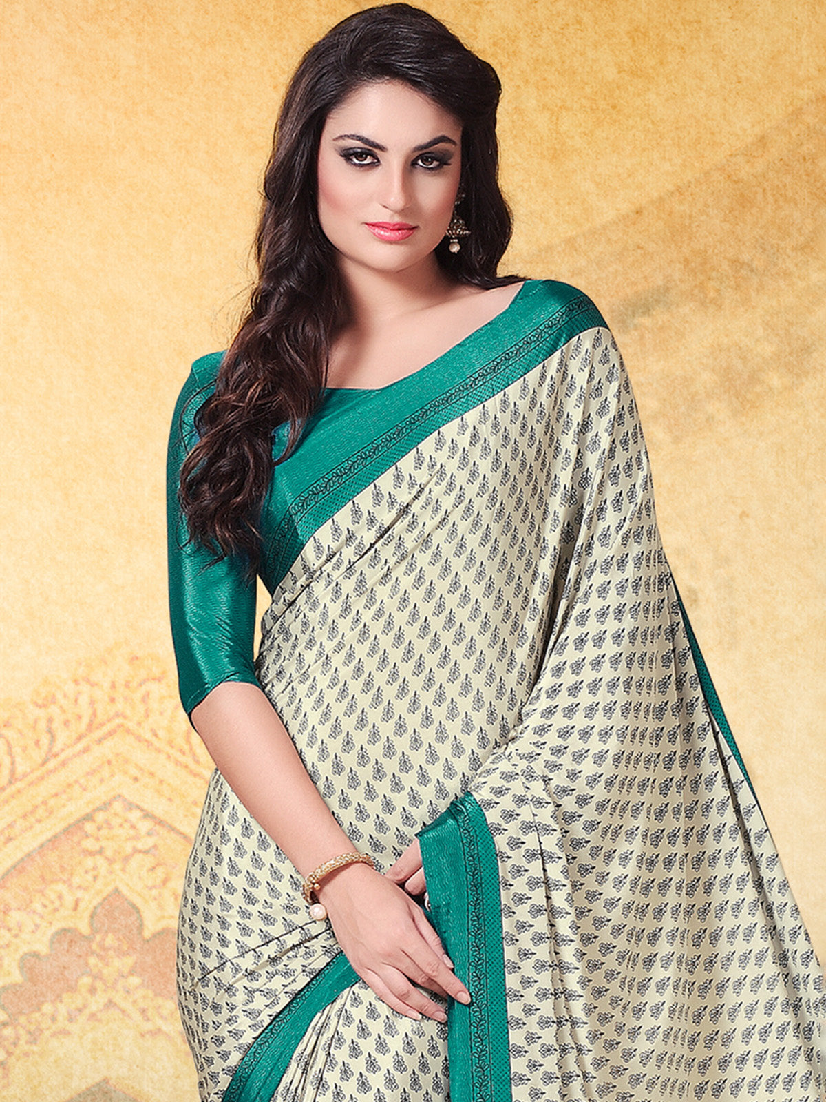 Off white and green crepe silk designer saree with contrast border