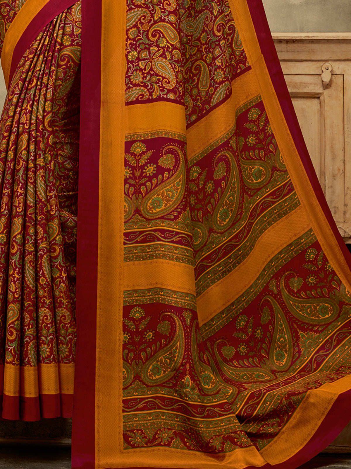 Wine and mustard yellow crepe silk elegant printed ethnic saree