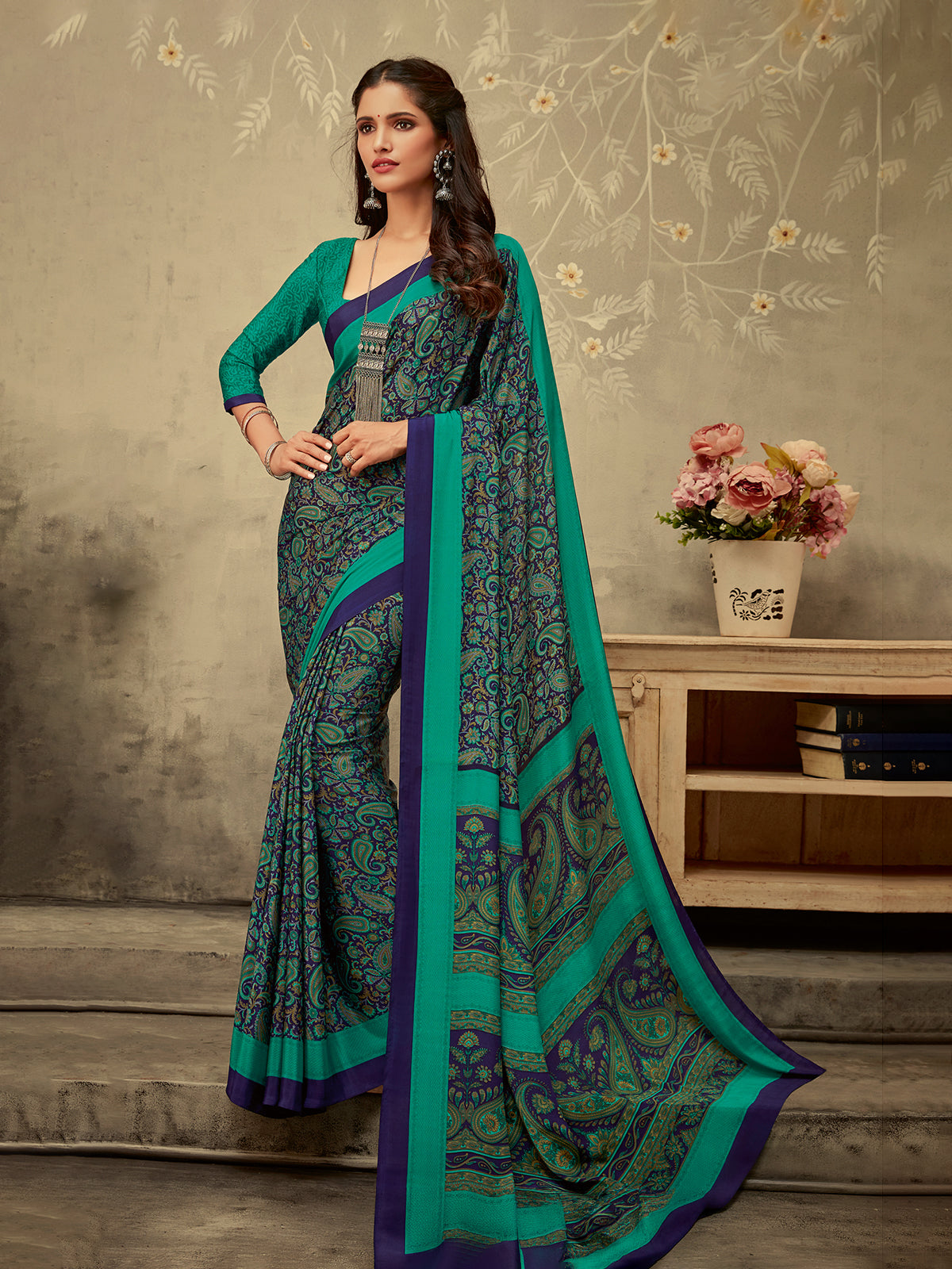 Green and purple crepe silk fashionable saree with contrast pallu