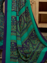 Green and purple crepe silk fashionable saree with contrast pallu
