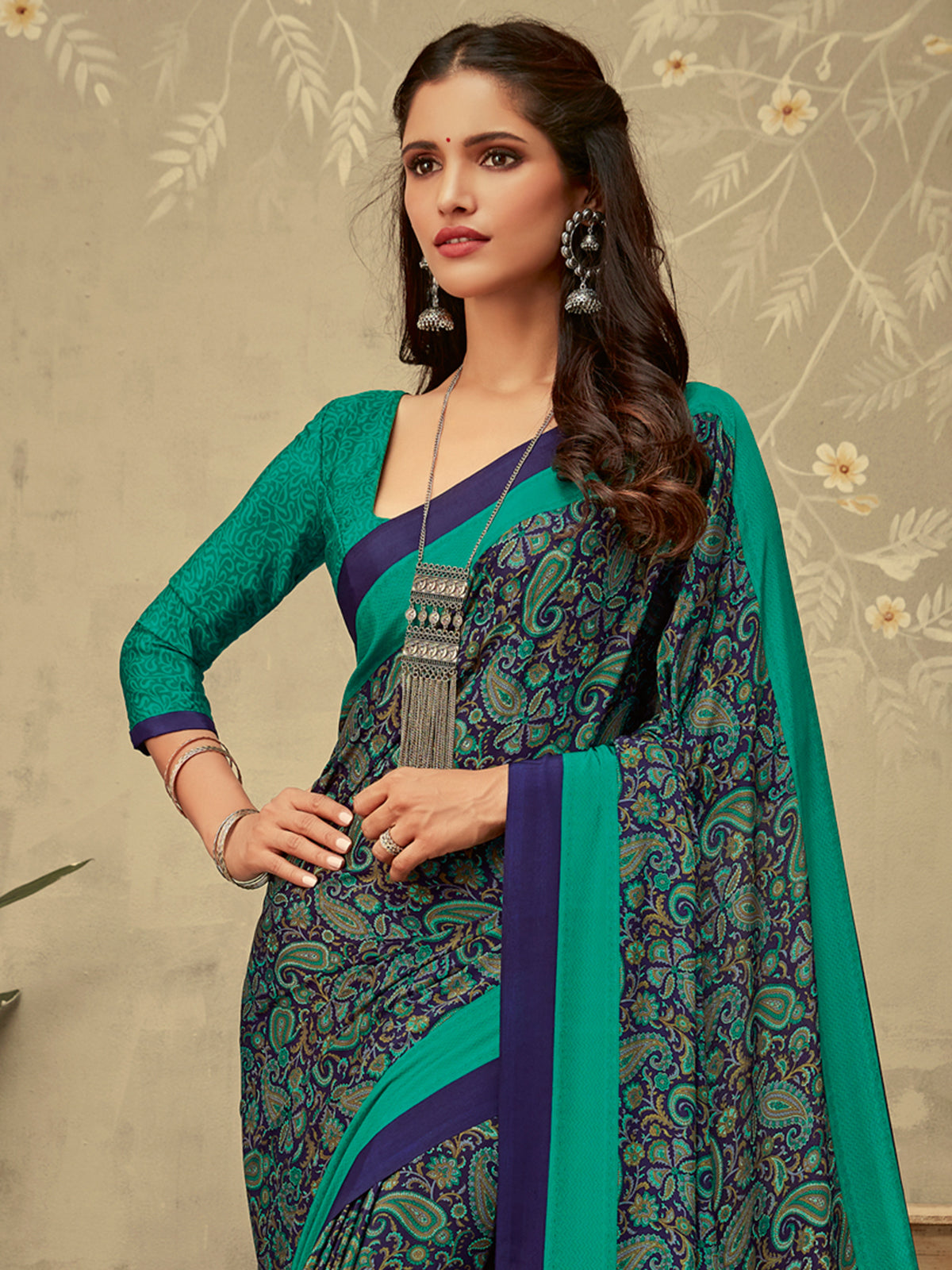 Green and purple crepe silk fashionable saree with contrast pallu