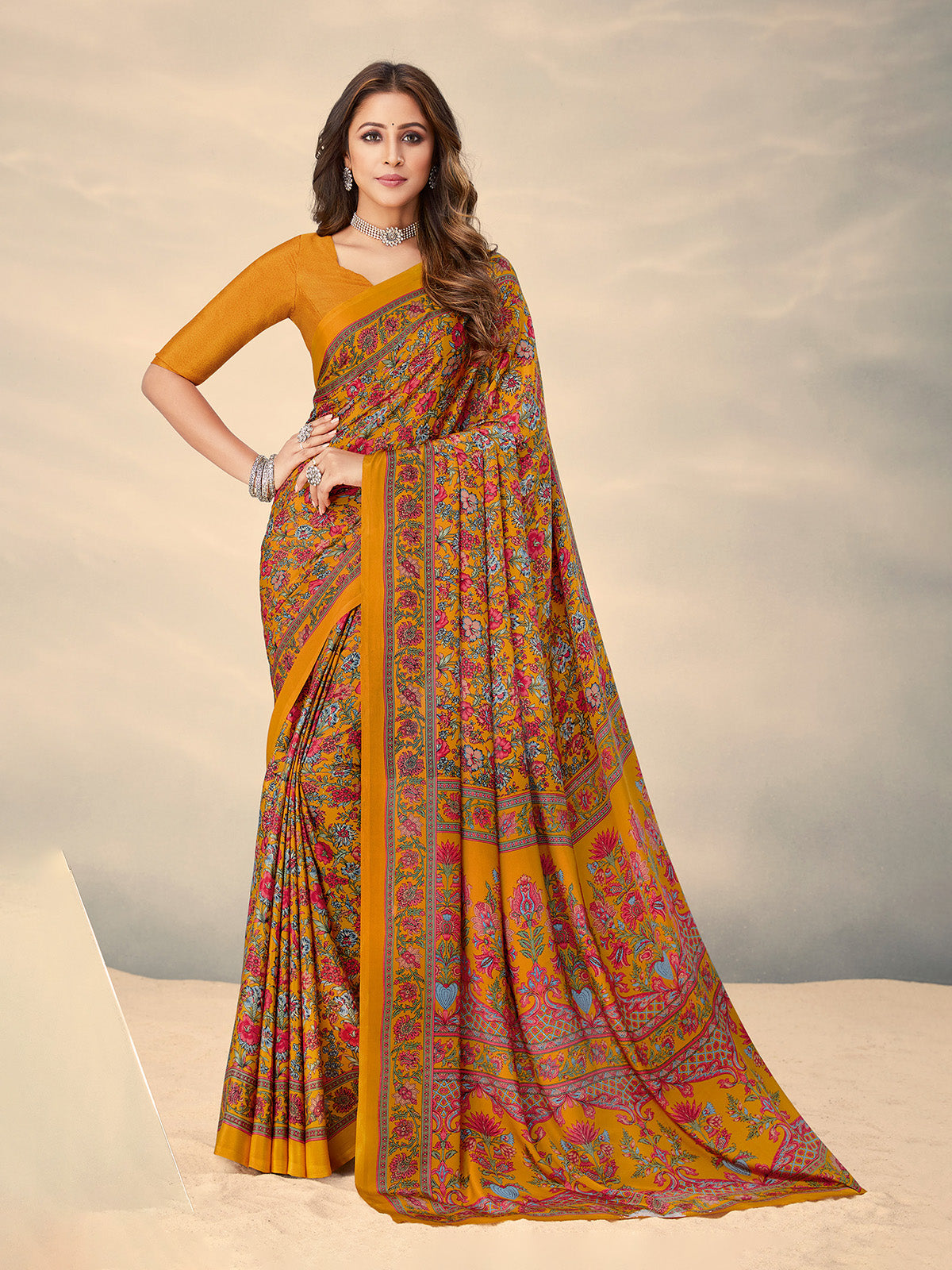 Mustard yellow floral crepe silk elegant saree for everyday wear
