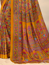 Mustard yellow floral crepe silk elegant saree for everyday wear