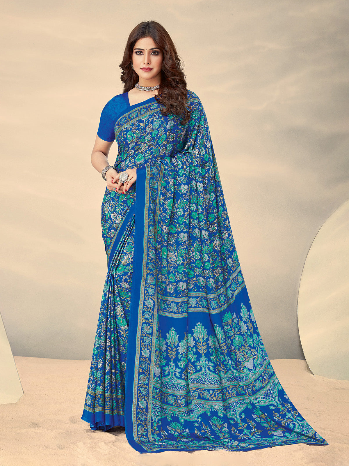 Bright blue floral crepe silk stylish casual saree for women