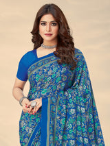 Bright blue floral crepe silk stylish casual saree for women