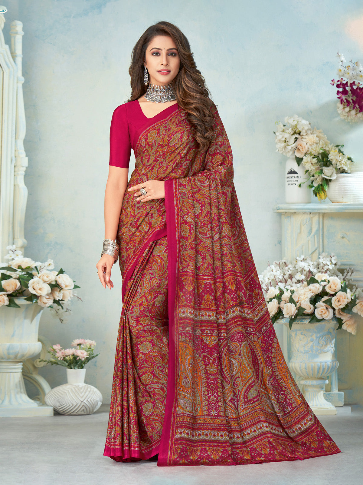 Magenta crepe silk elegant printed saree for everyday ethnic fashion