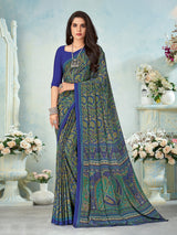 Royal blue crepe silk graceful printed saree with timeless appeal