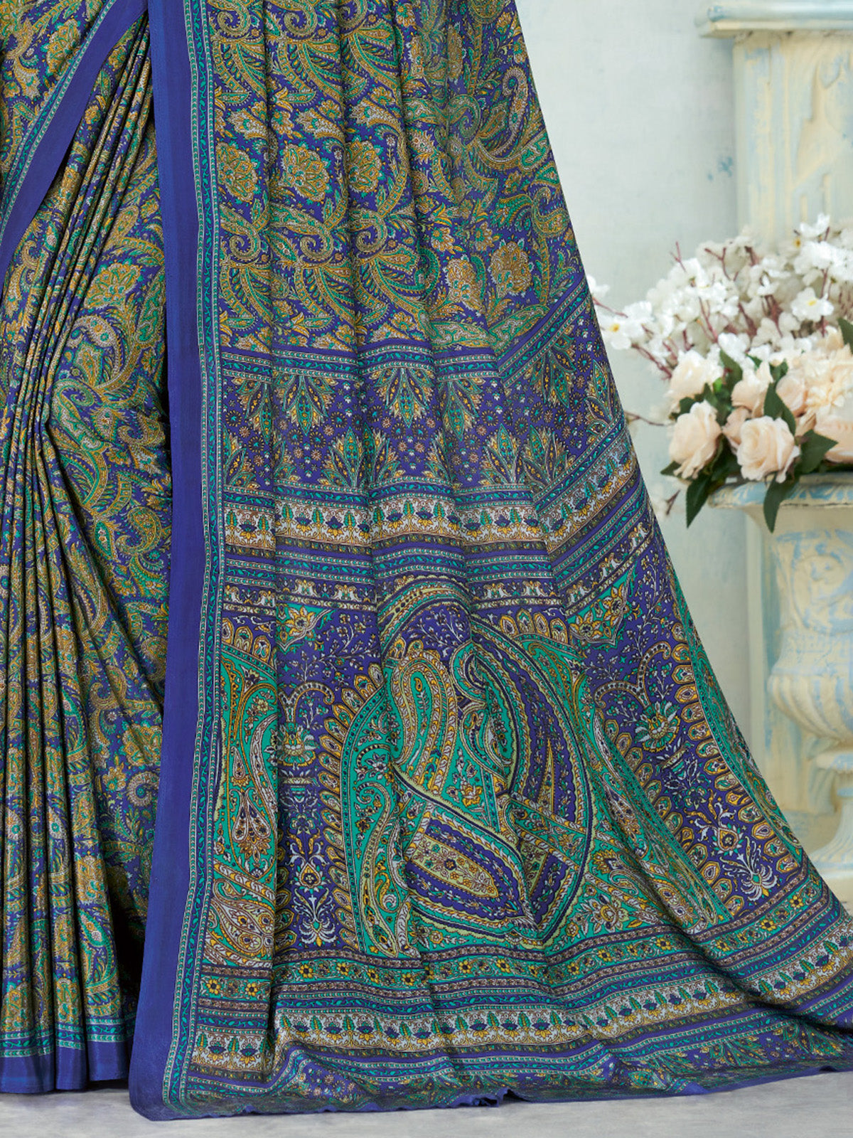Royal blue crepe silk graceful printed saree with timeless appeal