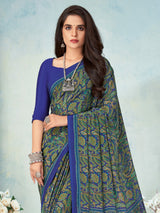 Royal blue crepe silk graceful printed saree with timeless appeal
