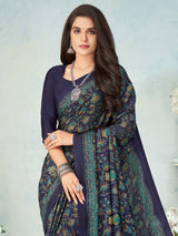 Navy crepe silk sophisticated printed saree for modern casual styling
