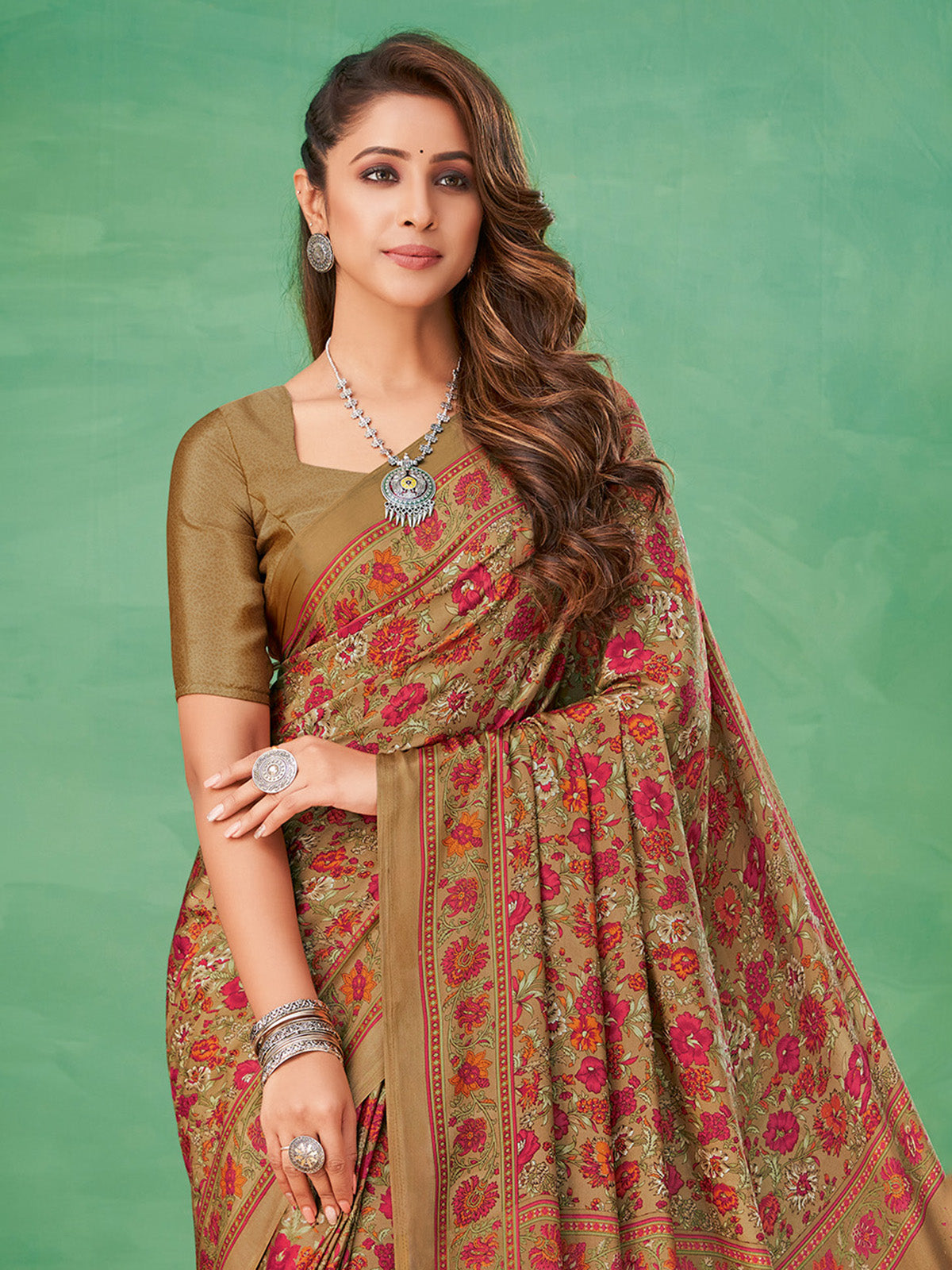Mehendi olive floral printed crepe silk casual saree