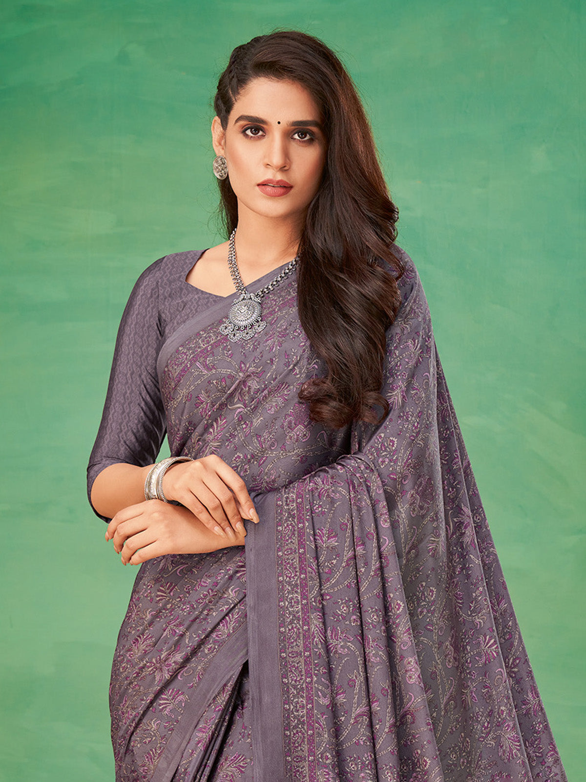 Dusty purple floral printed crepe silk casual saree