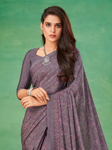 Dusty purple floral printed crepe silk casual saree