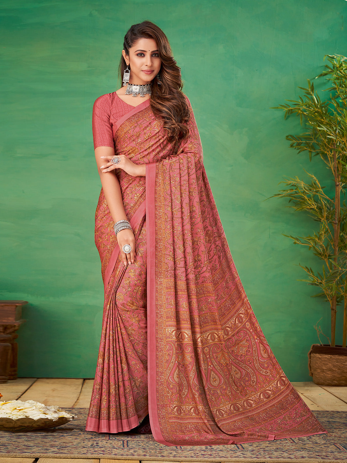 Pink floral printed crepe silk casual saree