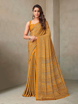 Mustard yellow floral printed crepe silk casual saree