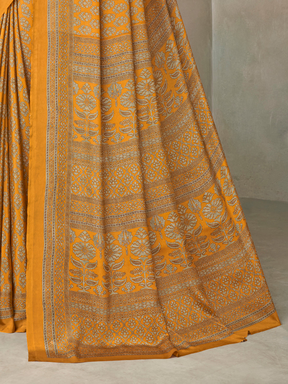 Mustard yellow floral printed crepe silk casual saree