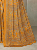Mustard yellow floral printed crepe silk casual saree