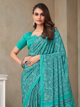 Mint green floral printed crepe silk casual saree