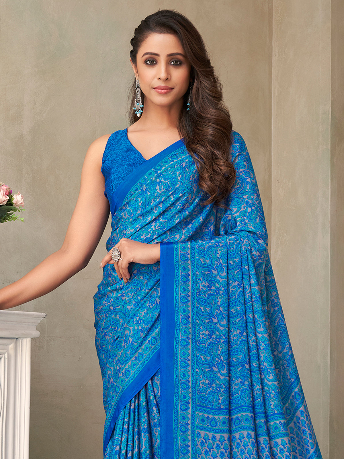 Blue floral printed crepe silk casual saree for women