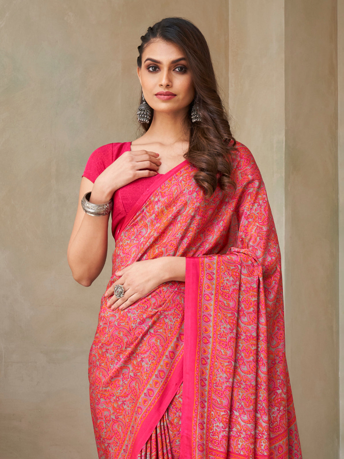 Rani pink floral printed crepe silk casual saree