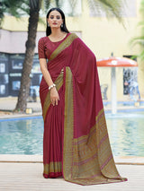 Brown printed crepe silk casual saree with contrast border and pallu