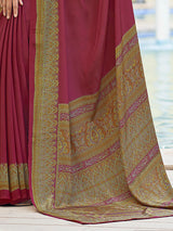 Brown printed crepe silk casual saree with contrast border and pallu