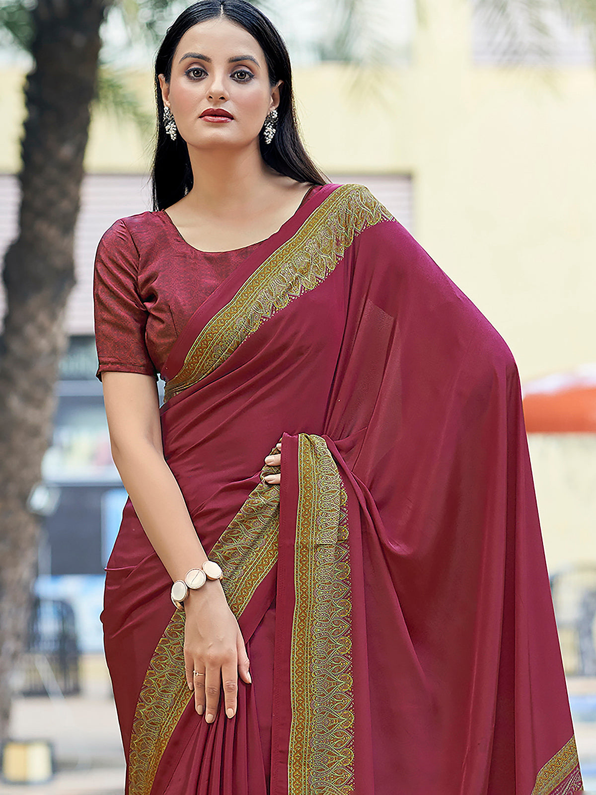 Brown printed crepe silk casual saree with contrast border and pallu