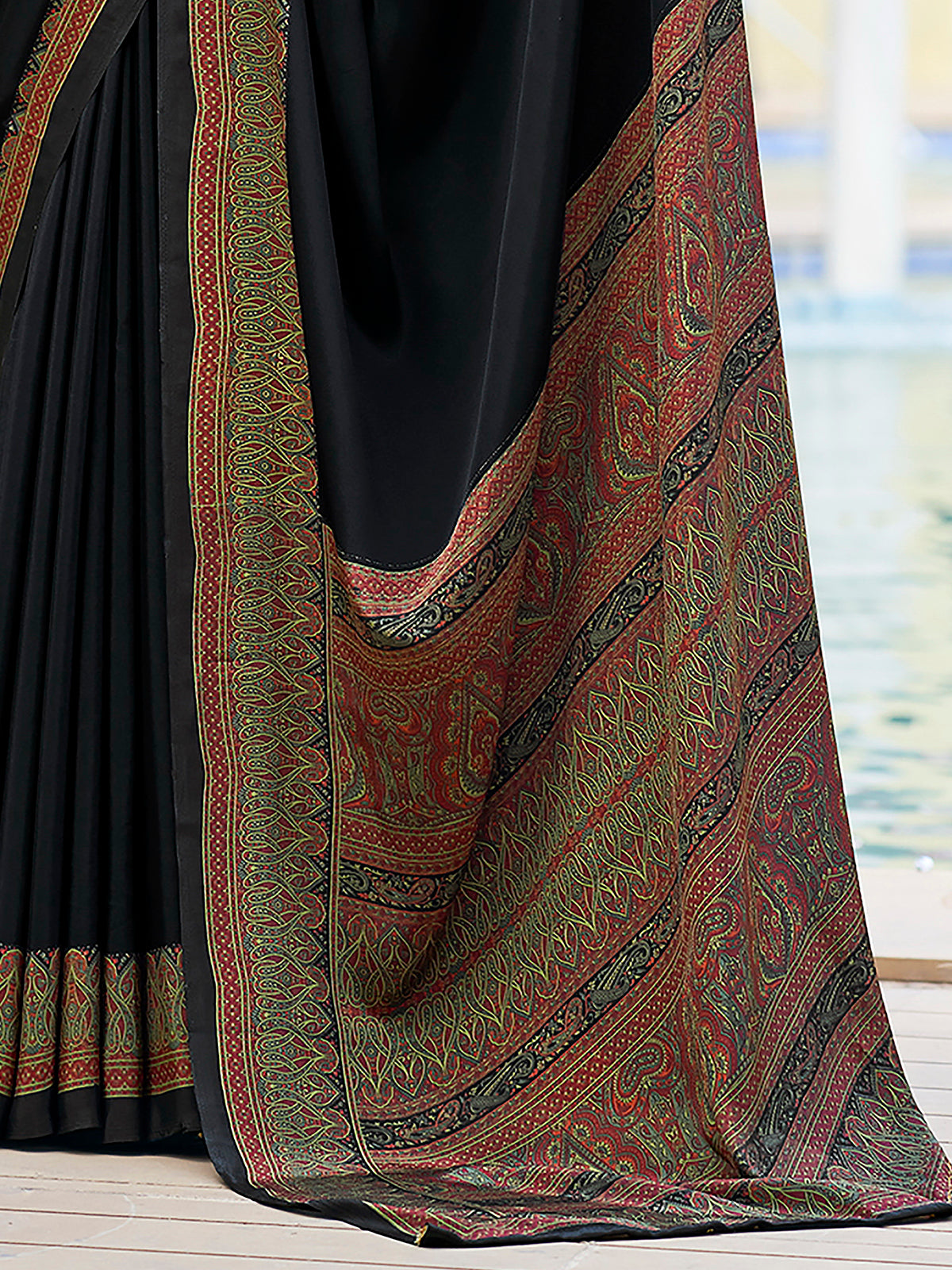 Black printed crepe silk casual saree with contrast border and pallu
