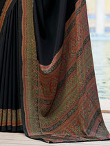 Black printed crepe silk casual saree with contrast border and pallu