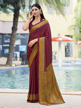 Wine printed crepe silk casual saree with contrast border and pallu