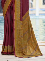Wine printed crepe silk casual saree with contrast border and pallu