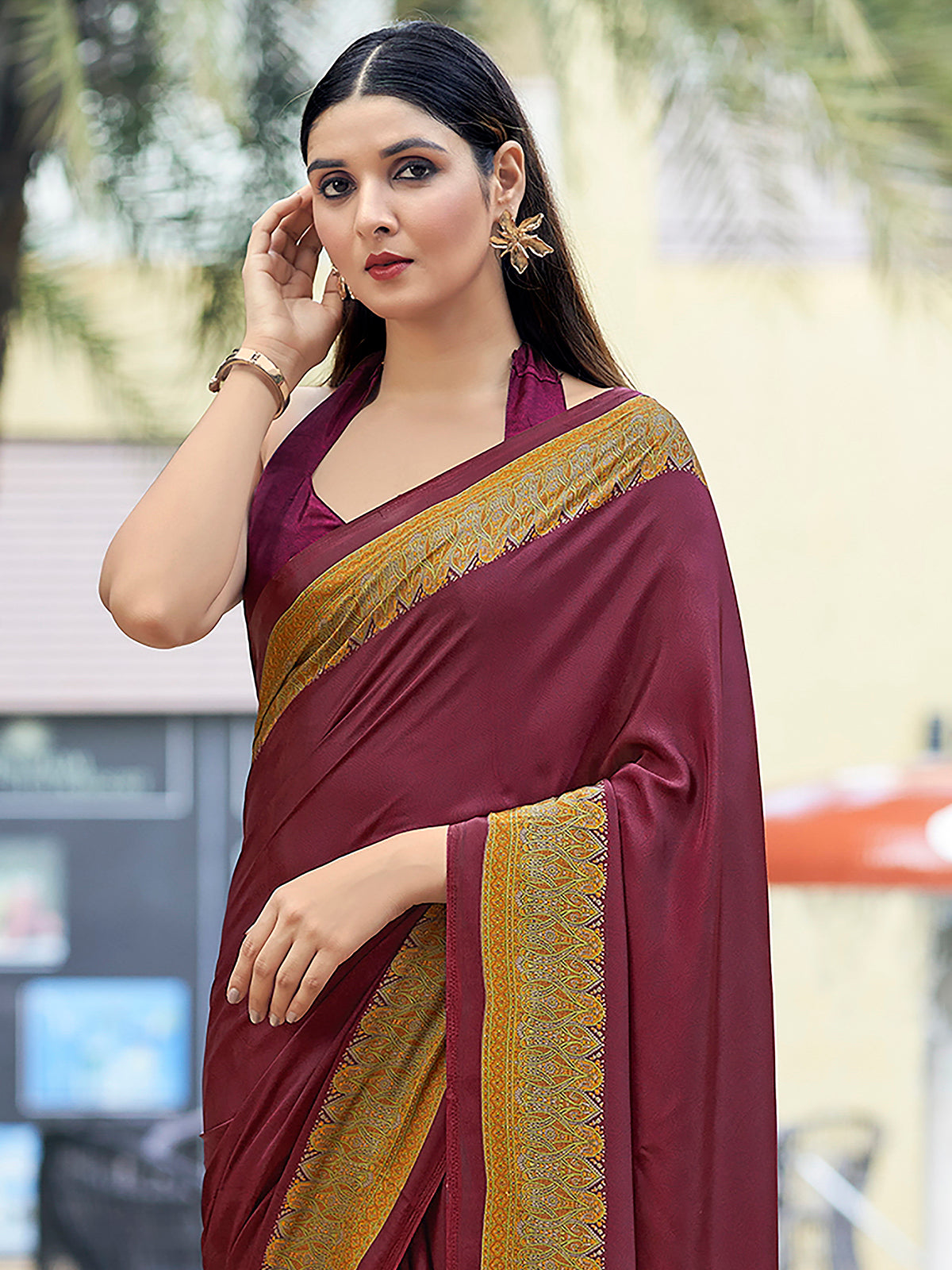 Wine printed crepe silk casual saree with contrast border and pallu