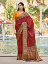 Red printed crepe silk casual saree with contrast border and pallu