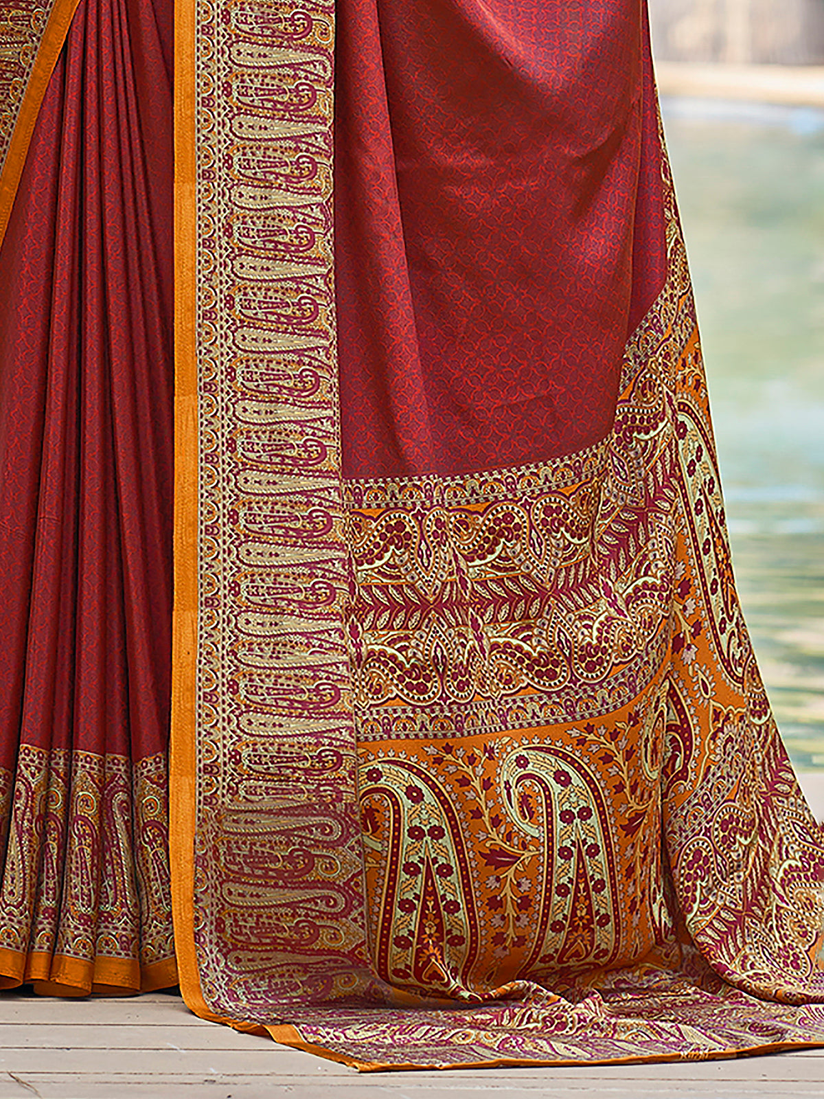 Red printed crepe silk casual saree with contrast border and pallu