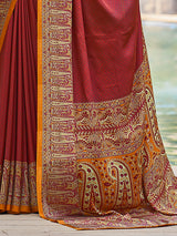Red printed crepe silk casual saree with contrast border and pallu