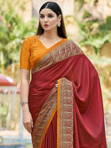 Red printed crepe silk casual saree with contrast border and pallu