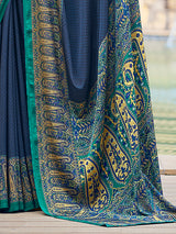 Blue printed crepe silk casual saree with contrast border and pallu