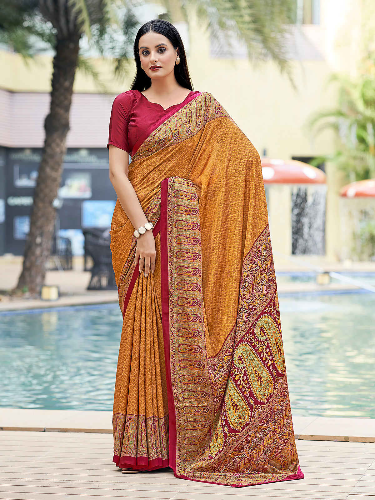 Mustard yellow printed crepe silk casual saree with contrast border and pallu