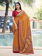 Mustard yellow printed crepe silk casual saree with contrast border and pallu