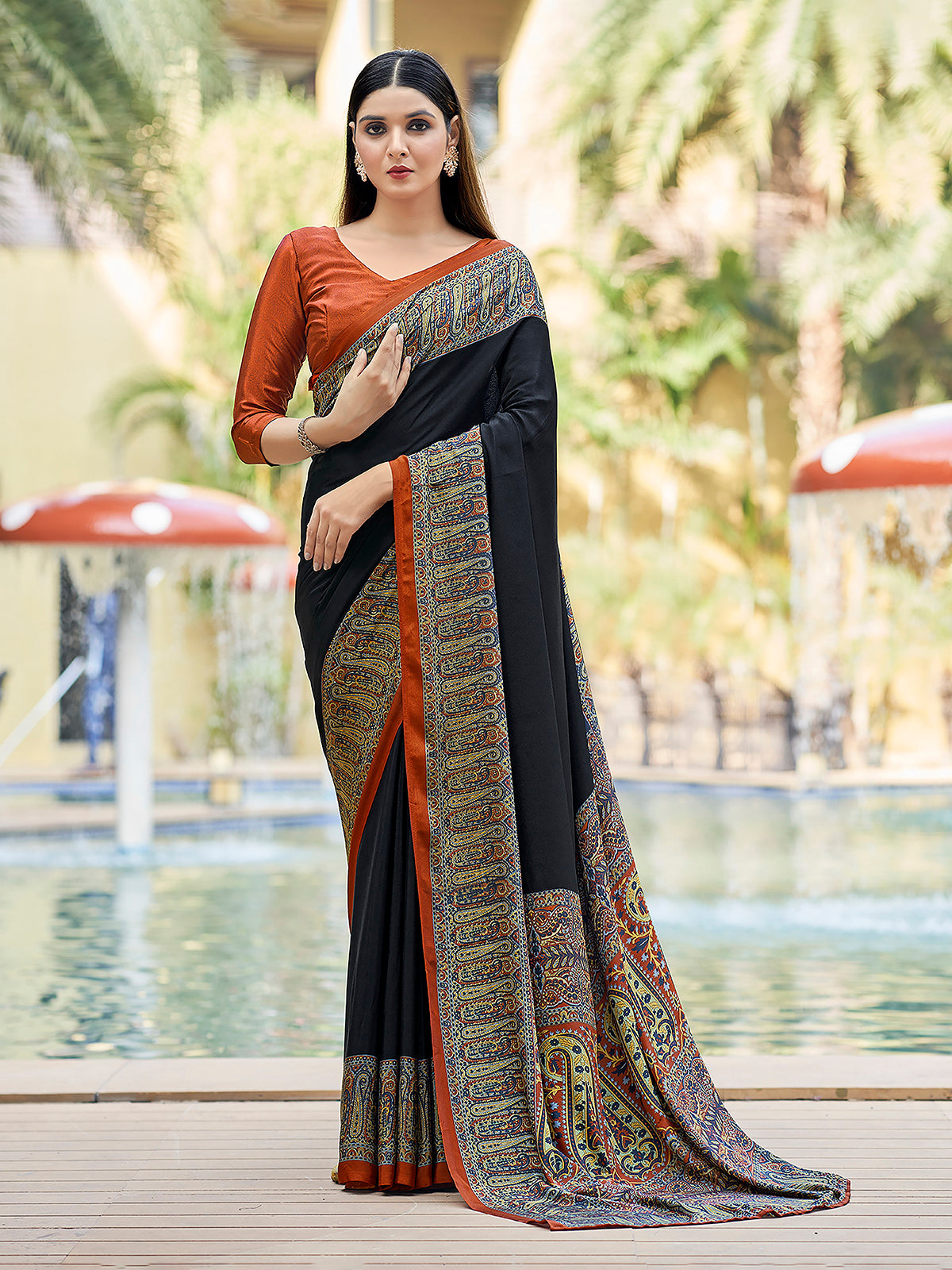 Black printed crepe silk casual saree with unstitched blouse