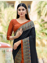 Black printed crepe silk casual saree with unstitched blouse