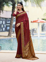 Maroon printed crepe silk casual saree with contrast border and pallu