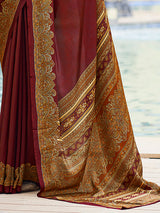 Maroon printed crepe silk casual saree with contrast border and pallu