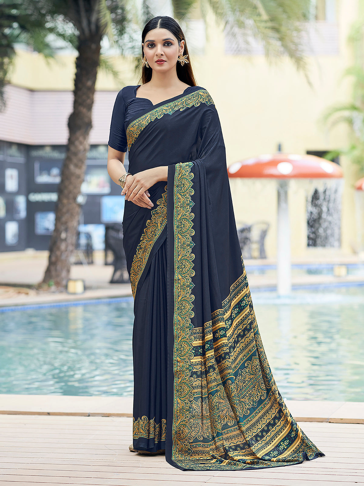 Navy printed crepe silk casual saree with contrast border and pallu